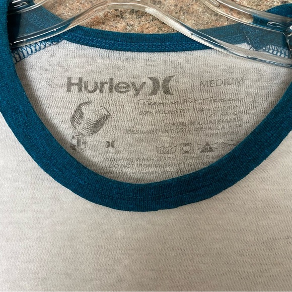 Mens Hurley long sleeved shirt: white with turquoise blue sleeves - Picture 2 of 4